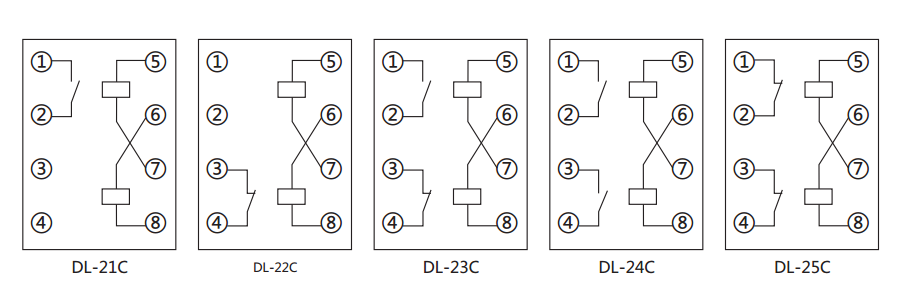 DL-24C系列電流繼電器內(nèi)部接線(xiàn)及外引接線(xiàn)（正視圖）