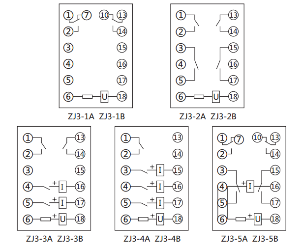 ZJ3-2A快速中間繼電器內(nèi)部接線(xiàn)圖及外引接線(xiàn)圖(正視圖)